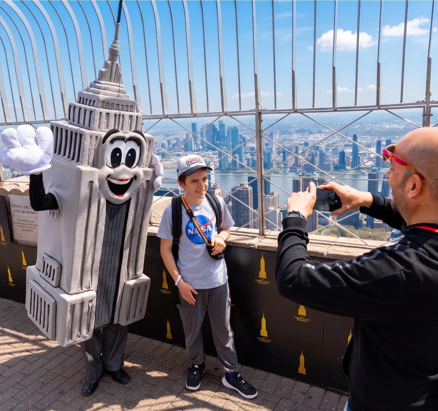 Kid taking photo with Emma Pire, the Empire State Building's mascot