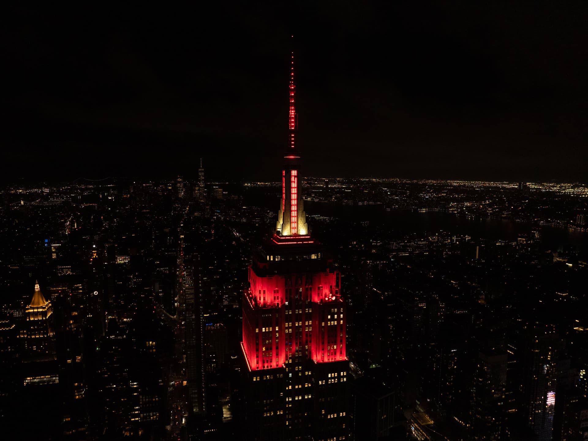 ESB lit in red and white