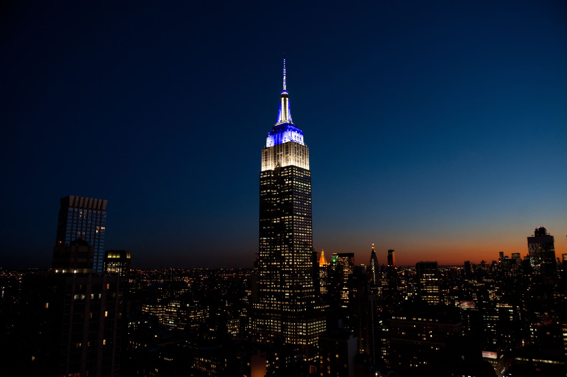 ESB lit in white and blue