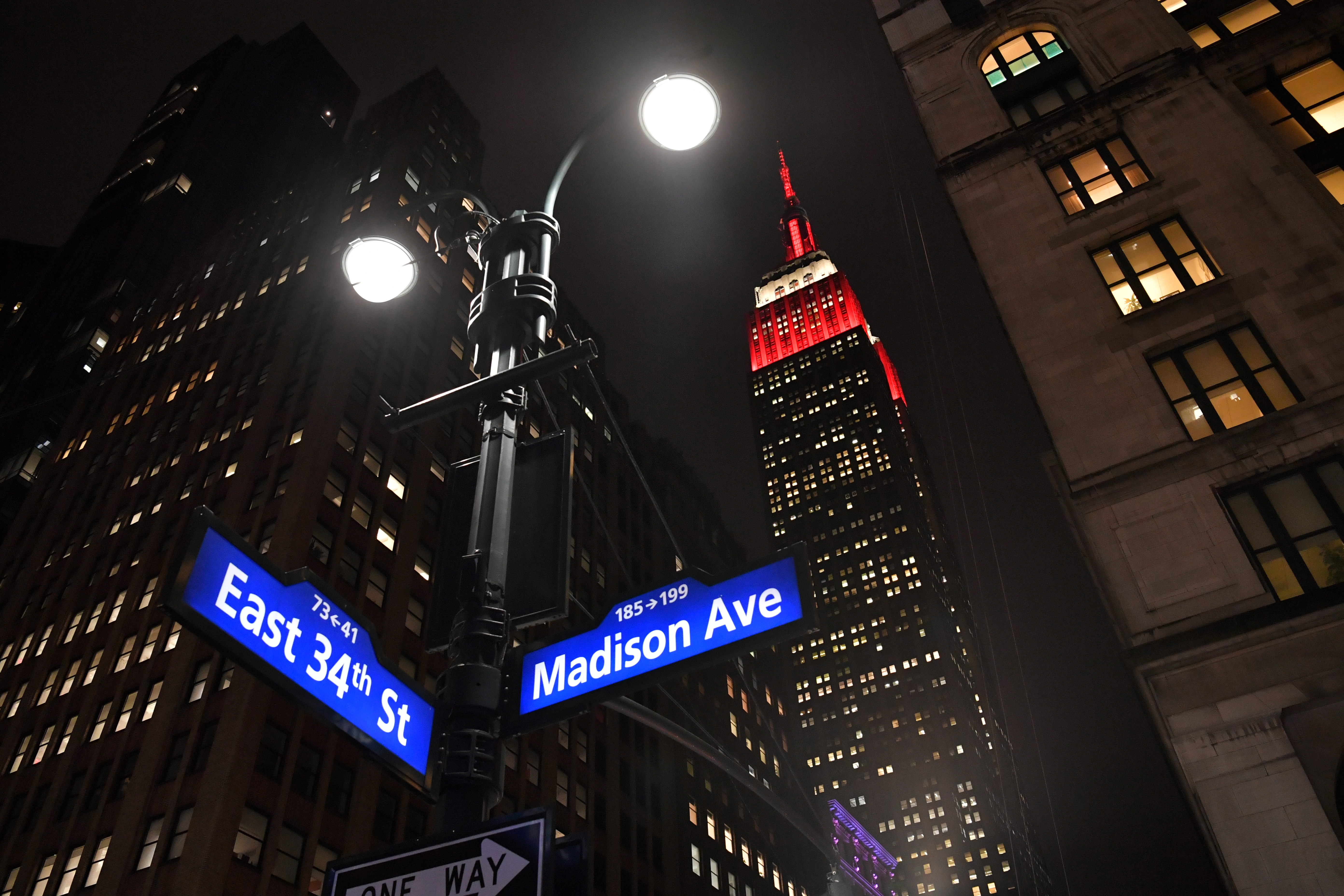 ESB lit in red and white