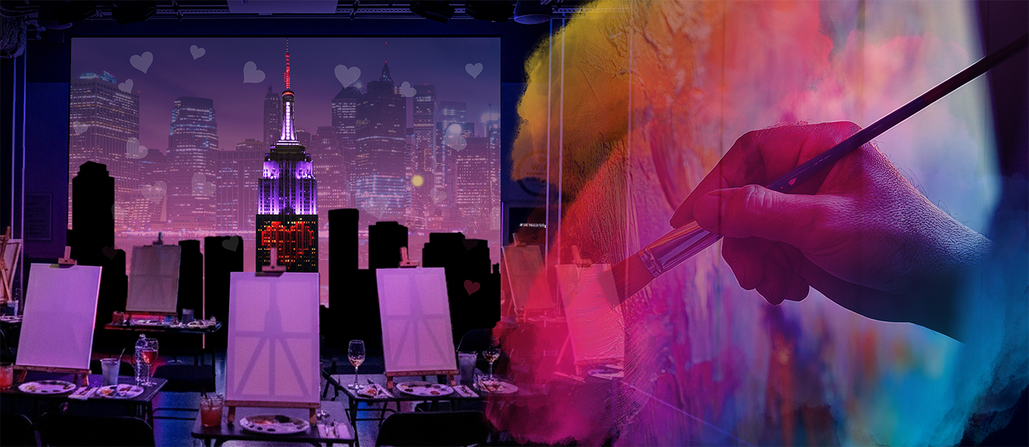 Paint n pour painting for the Empire State Building Paint n Pour Valentines Experience