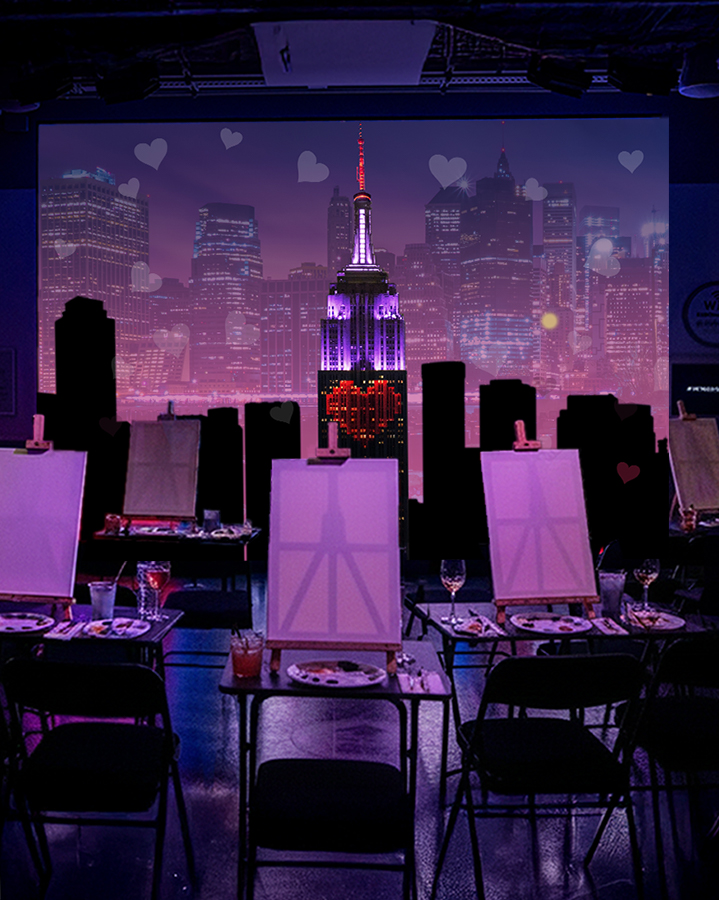 Paint n pour painting for the Empire State Building Paint n Pour Valentines Experience