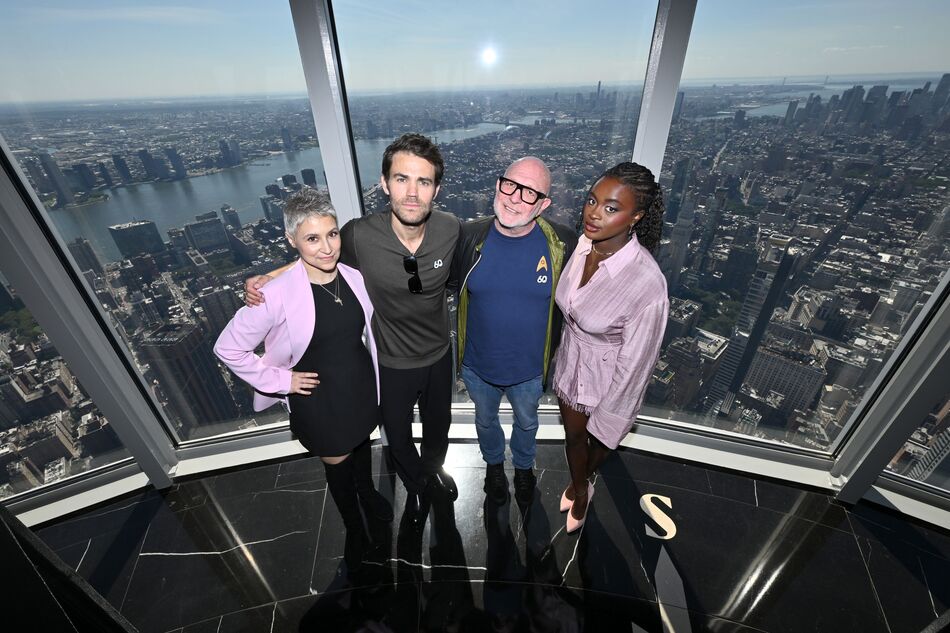 Paul Wesley, Celia Rose Gooding, Melissa Navia, and Akiva Goldsman on the 102nd Floor Observation Deck