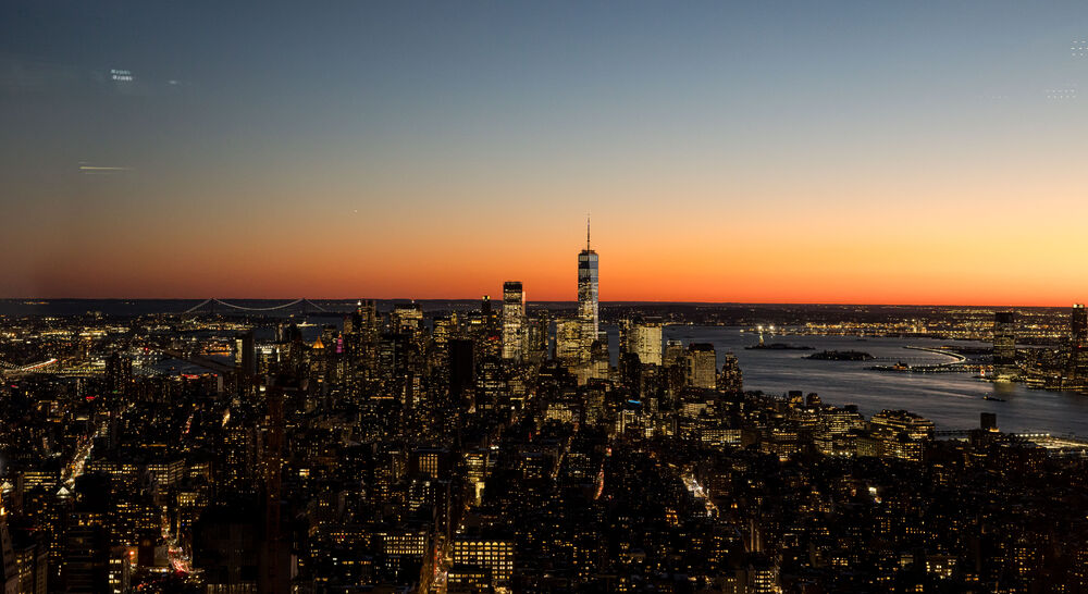 Downtown Manhattan view at sunset
