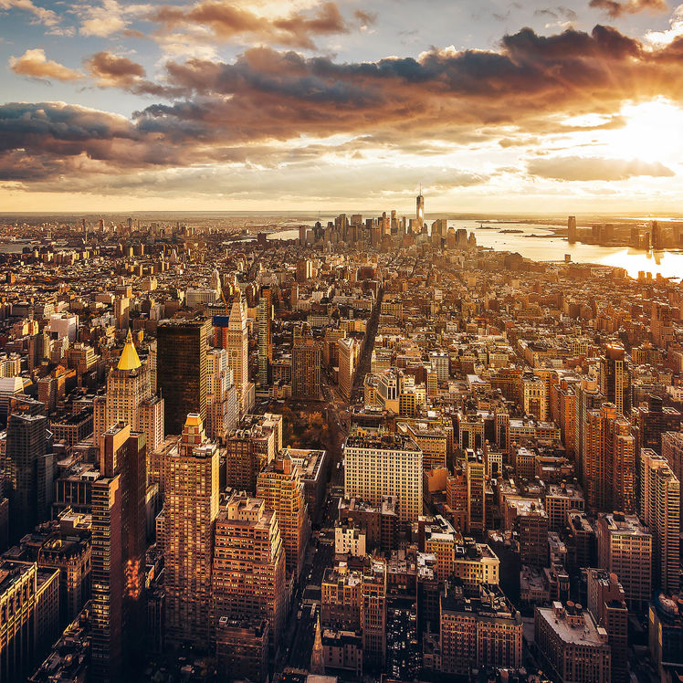 Sunset view from the 86th floor observation deck at the Empire State Building