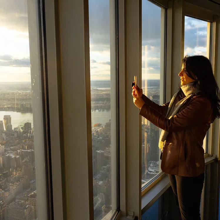 Woman taking a photo of the view from the 102nd Floor of the Empire State Building Observatory