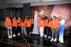 The 2024 draftees and Commissioner Engelbert with the ESB model